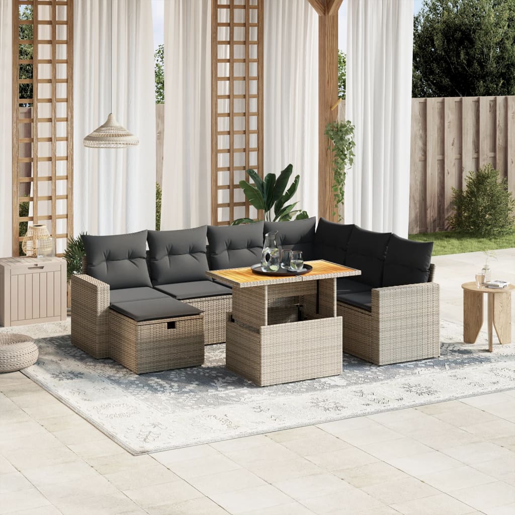 8-tlg. Garten-Sofagarnitur mit Kissen Grau Poly Rattan